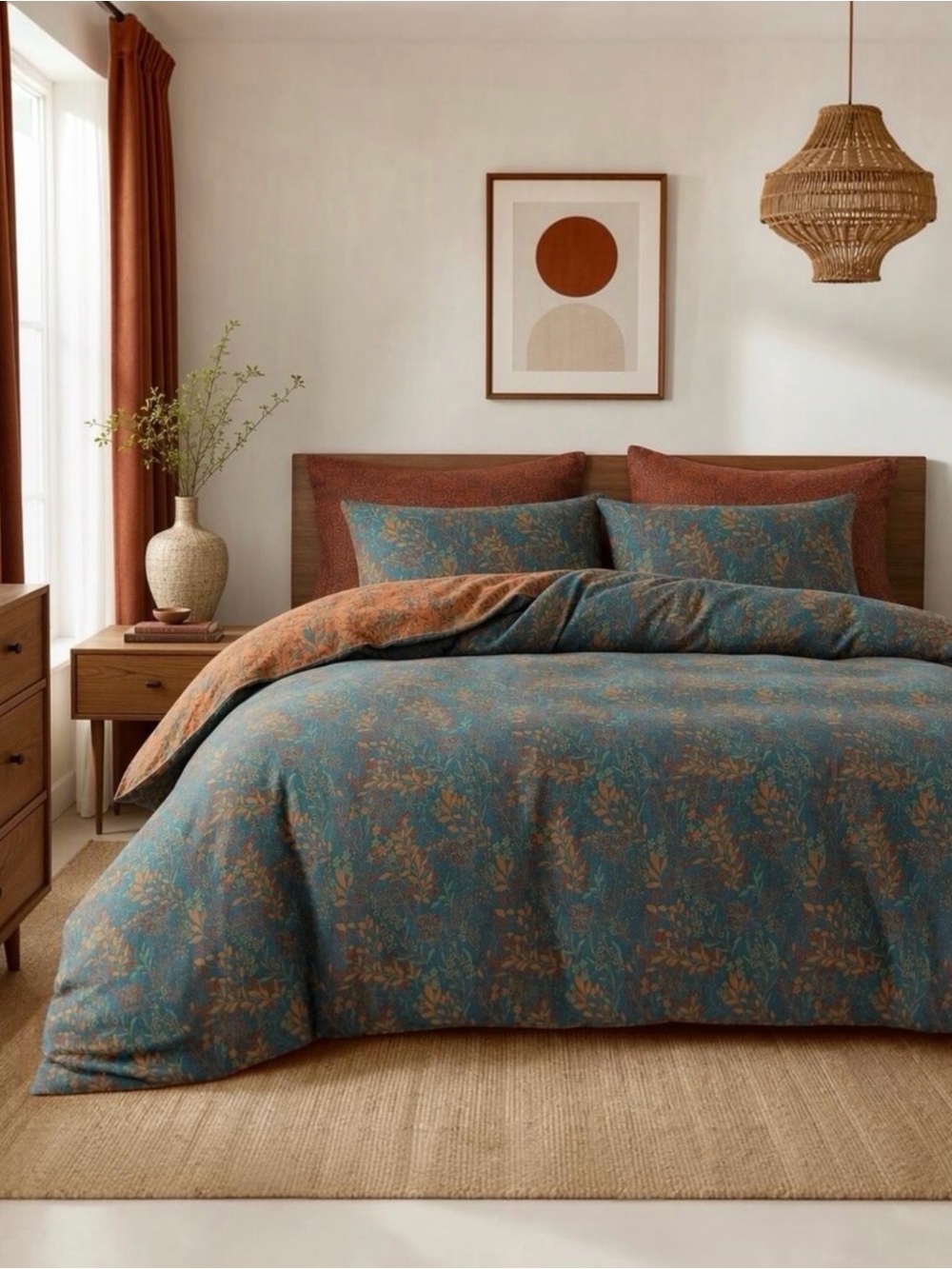 NEW Anthropologie Orange Teal Botanical Cotton Queen King Bedding Duvet Sham Set